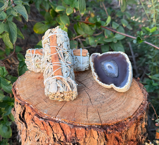 Sage and crystal on a tree stump